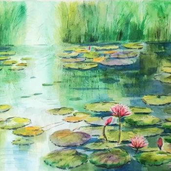 Schilderij getiteld "The pond" door Dharsha Samarasinha, Origineel Kunstwerk, Aquarel