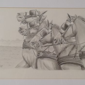 Dibujo titulada "Chevaux - L'attelage" por Dianederh, Obra de arte original, Grafito