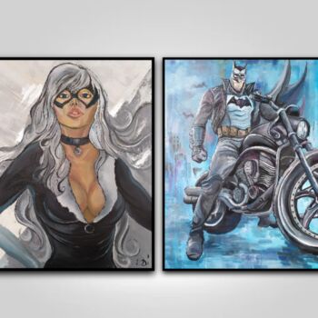 Pintura intitulada "batman and catwoman" por Dina Telesheva, Obras de arte originais, Acrílico Montado em Armação em madeira