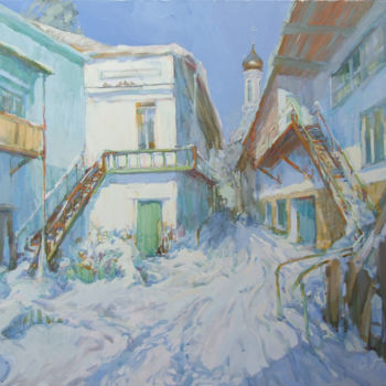 Malarstwo zatytułowany „Sudden snow” autorstwa Elena Hlavenchuk, Oryginalna praca, Olej Zamontowany na Drewniana rama noszy