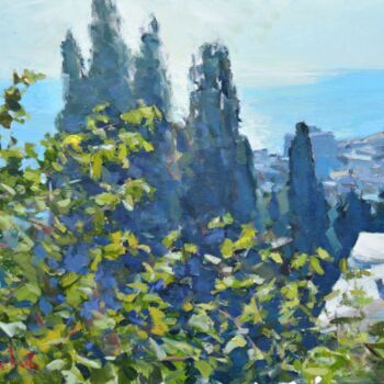 Peinture intitulée "cypresses under the…" par Dmitrii Pashkov, Œuvre d'art originale, Huile