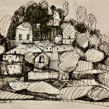 Drawing titled "Hameau" by Dominique Corti, Original Artwork, Ink