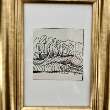 Drawing titled "Les six arbres" by Dominique Corti, Original Artwork, Ink Mounted on Cardboard