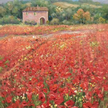 Pintura titulada "Poppies field - Tus…" por Domenico Ronca, Obra de arte original, Oleo Montado en Bastidor de camilla de ma…