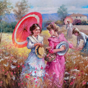 Painting titled "Girls in the field" by Domenico Ronca, Original Artwork, Oil Mounted on Wood Stretcher frame