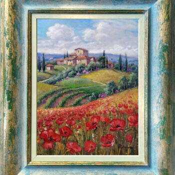Painting titled "The hill of poppies…" by Domenico Ronca, Original Artwork, Oil Mounted on Wood Stretcher frame