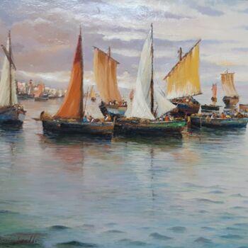 Painting titled "Barche dopo la pesca" by Domenico Tosetto, Original Artwork, Oil