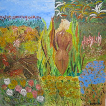 Painting titled "femme-aux-fleurs-ti…" by Bertrand Domin, Original Artwork, Oil