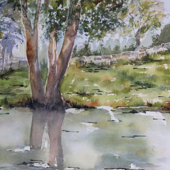 Painting titled "Douceur champêtre" by Dominique Hernandez, Original Artwork, Watercolor