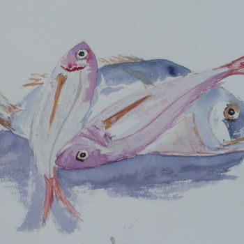 Painting titled "Poissons" by Dominique Metras, Original Artwork, Watercolor