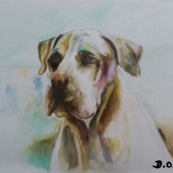 Painting titled "Chien à l'aquarelle" by Dominique Obry, Original Artwork, Watercolor