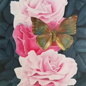 绘画 标题为“Roses et papillon 2” 由Mélanie Cavalec, 原创艺术品, 油 安装在木质担架架上