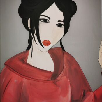 「Geisha rose」というタイトルの絵画 Dorothée Fayardによって, オリジナルのアートワーク, アクリル ウッドストレッチャーフレームにマウント