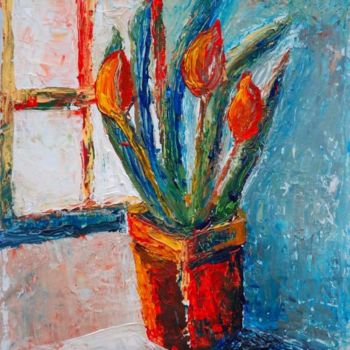 Painting titled "TULIPES" by Monique Ducarton, Original Artwork, Oil Mounted on Wood Stretcher frame