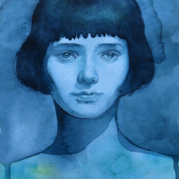 Pintura intitulada "Retro Blue" por Dunja Jung, Obras de arte originais, Aquarela