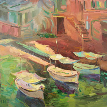 Malarstwo zatytułowany „Утро. Пейзаж с лодк…” autorstwa Dmitry Veltishchev, Oryginalna praca, Olej