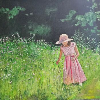 Painting titled "Girl Picking Wildfl…" by Edeleweiss Cobblestone, Original Artwork, Oil