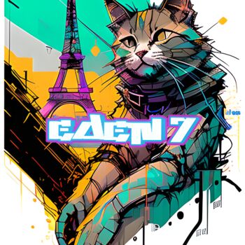 Digital Arts titled "Cat in Paris Eiffel" by Edenseven Graffiti Street Art, Original Artwork, Digital Painting
