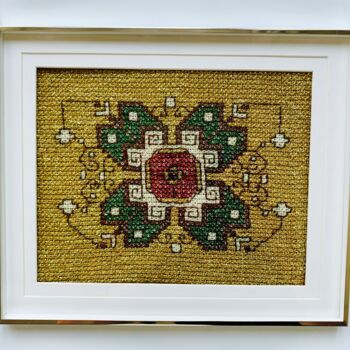 Textile Art titled "Fleur sur un fond d…" by Ek, Original Artwork, Embroidery Mounted on Glass