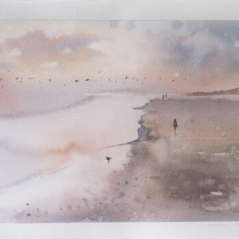 Schilderij getiteld "Coastal Pink Sunset" door Ekaterina Pytina, Origineel Kunstwerk, Aquarel