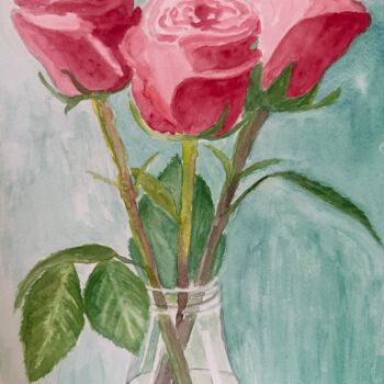 Painting titled "Red roses in a vase" by Elaine Mifsud, Original Artwork, Watercolor