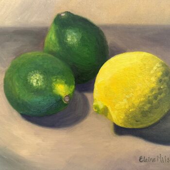 Painting titled "Lemon and Limes" by Elaine Mifsud, Original Artwork, Oil Mounted on Wood Panel