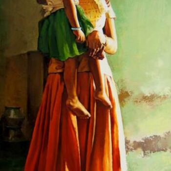 Peinture intitulée "girl with child" par S.Elayaraja, Œuvre d'art originale, Huile