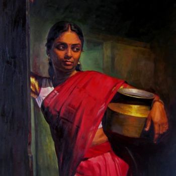 Pintura intitulada "home making girl" por S.Elayaraja, Obras de arte originais, Óleo