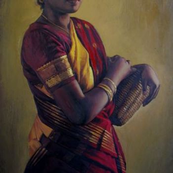 Pintura intitulada "women with wessel2" por S.Elayaraja, Obras de arte originais, Óleo