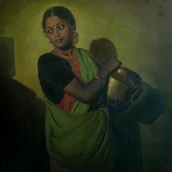 Pittura intitolato "women with wessel3" da S.Elayaraja, Opera d'arte originale, Olio