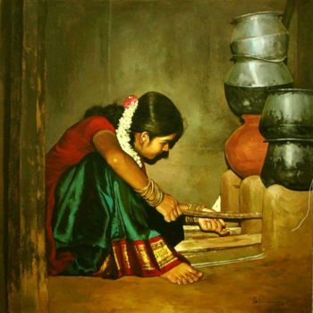 Ζωγραφική με τίτλο "working girl" από S.Elayaraja, Αυθεντικά έργα τέχνης
