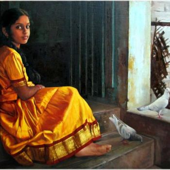 Schilderij getiteld "girl with pigion5" door S.Elayaraja, Origineel Kunstwerk, Olie