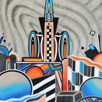 Malerei mit dem Titel "Cities Part 4" von Elena Dorofeeva, Original-Kunstwerk, Acryl Auf Holzplatte montiert