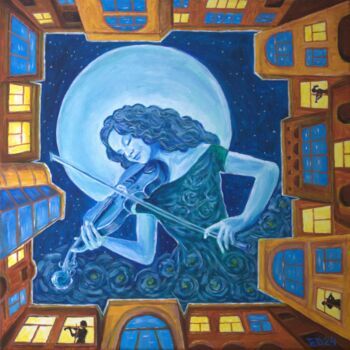 Painting titled "Sonata della Luna" by Elena Dunaeva, Original Artwork, Acrylic Mounted on Wood Stretcher frame