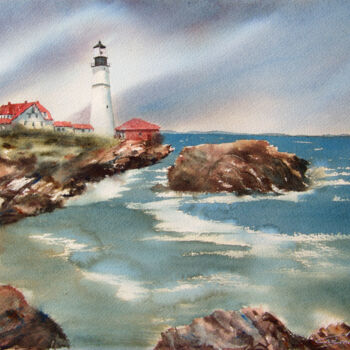 제목이 "Portland lighthouse"인 미술작품 Elena Gaivoronskaia로, 원작, 수채화