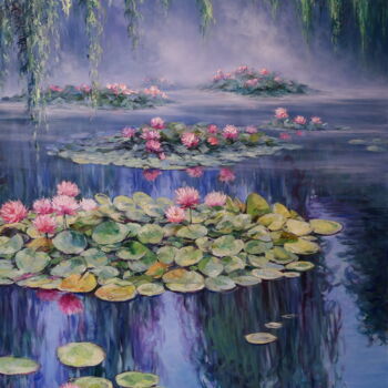 Painting titled ""Fog on the Pond"" by Elena I Gennady Vylusk (Goshiki), Original Artwork, Oil Mounted on Wood Stretcher fra…