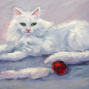 Peinture intitulée "White cat with toy…" par Elena Ivanova, Œuvre d'art originale, Huile Monté sur Carton