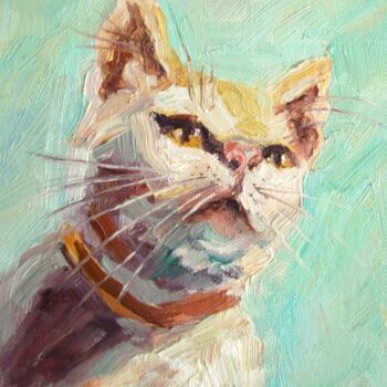 Painting titled "Cat Animal Original…" by Elena Ivanova, Original Artwork, Oil Mounted on Cardboard