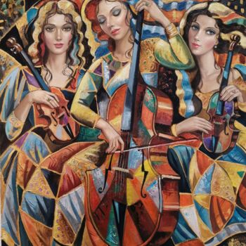 Painting titled "Trio musical" by Elena Khmeleva, Original Artwork, Oil Mounted on Wood Stretcher frame