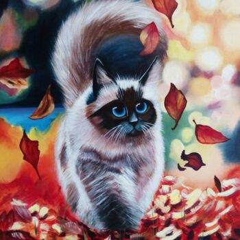 제목이 "Cat in autumn"인 미술작품 Elena Mironova로, 원작, 기름 나무 들것 프레임에 장착됨