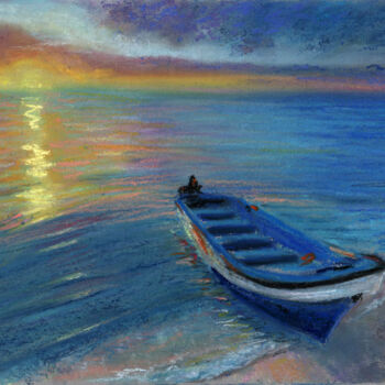 Drawing titled "Boat. Sea at sunset…" by Elena Petrova, Original Artwork, Pastel