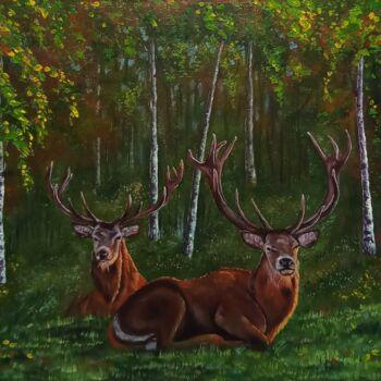 Pittura intitolato "Two deer in the for…" da Elena Pimenova, Opera d'arte originale, Olio