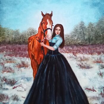 Schilderij getiteld "Женщина с рыжей лош…" door Elena Pimenova, Origineel Kunstwerk, Olie