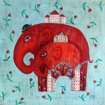 제목이 "Elephants for luck"인 미술작품 Елена Разина로, 원작, 아크릴 나무 들것 프레임에 장착됨