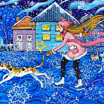 Malarstwo zatytułowany „Happy girl on skate…” autorstwa Elena Reutova, Oryginalna praca, Akryl