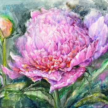 Painting titled "Pink peony in water…" by Elena Reutova, Original Artwork, Watercolor