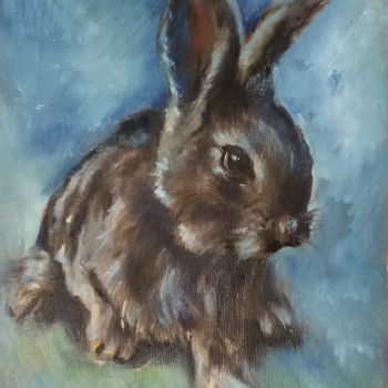 Painting titled "Bunny rabbit pet po…" by Eleonora Taranova, Original Artwork, Oil