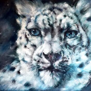 Schilderij getiteld "Snow Leopard Irbis" door Eleonora Taranova, Origineel Kunstwerk, Olie Gemonteerd op Frame voor houten b…