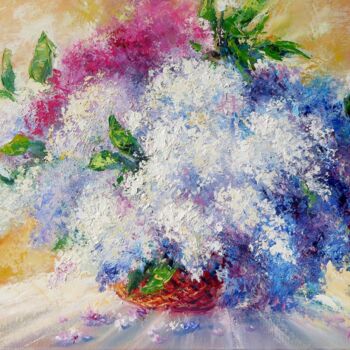 Schilderij getiteld "Lilac Bouquet" door Eleonora Taranova, Origineel Kunstwerk, Olie Gemonteerd op Frame voor houten branca…