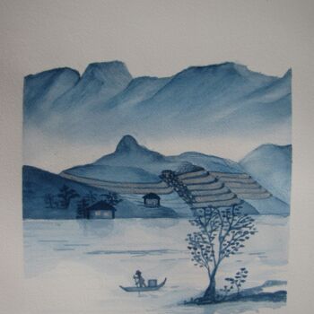 Peinture intitulée "Paysage bleu" par Eliane Robin, Œuvre d'art originale, Aquarelle Monté sur Verre